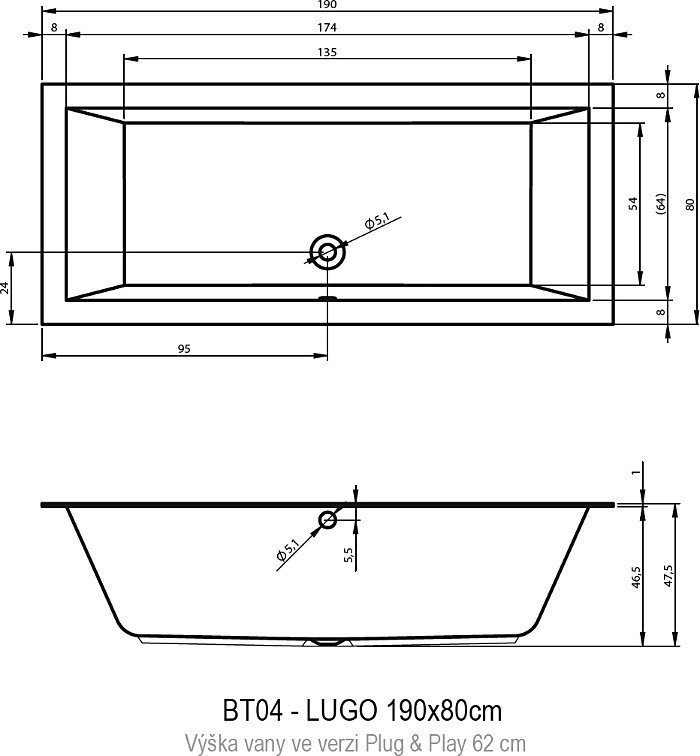 Ванна акриловая Riho LUGO 190x80 PLUG & PLAY купить в интернет-магазине Sanbest
