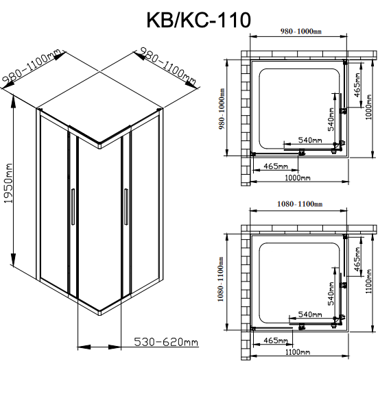 Душевой уголок Deto KB 98878 100х100 с рисунком/профиль черный купить в интернет-магазине Sanbest