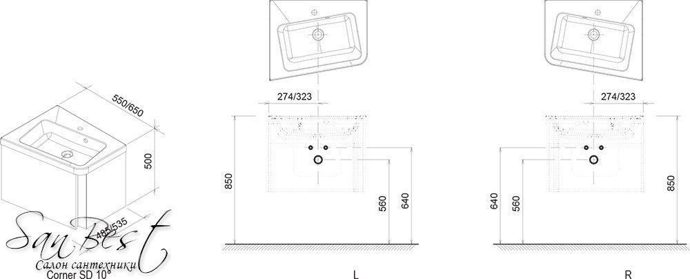 Тумба с раковиной угловая Ravak SD 10° 650 для ванной в интернет-магазине Sanbest