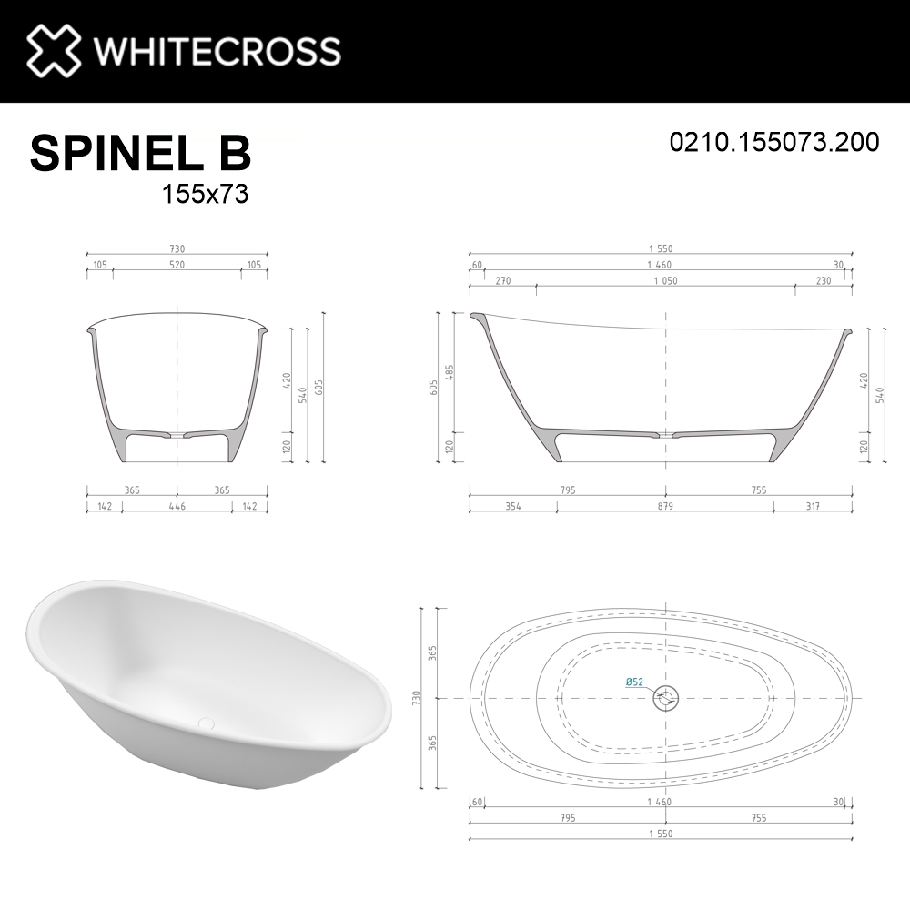 Ванна из искусственного камня WhiteCross SPINEL 155x73 белая матовая купить в интернет-магазине Sanbest