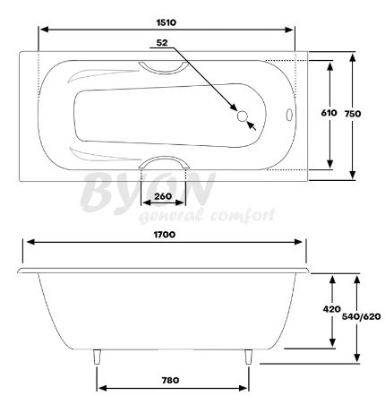 Ванна чугунная BYON B15 170x75 с ручками купить в интернет-магазине Sanbest