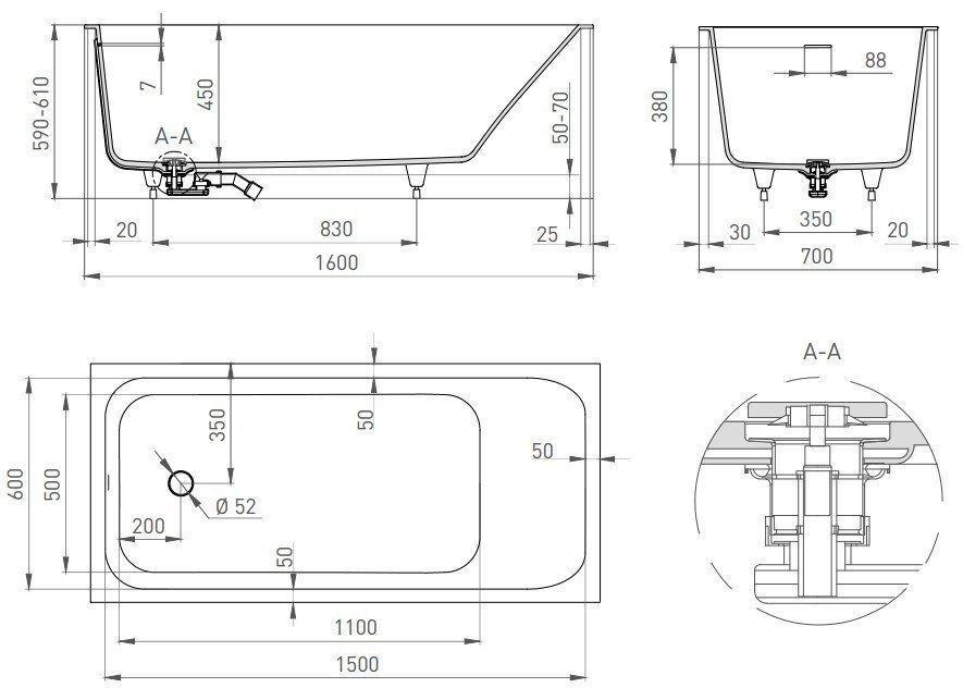 Ванна S-Sense Salini ORLANDO 102115G 160x70 Глянцевая купить в интернет-магазине Sanbest