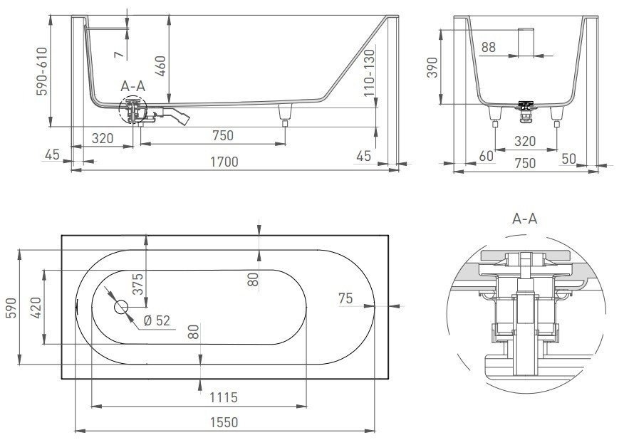 Ванна S-Sense Salini ORNELLA КIТ 102411M 170x75 Матовая купить в интернет-магазине Sanbest