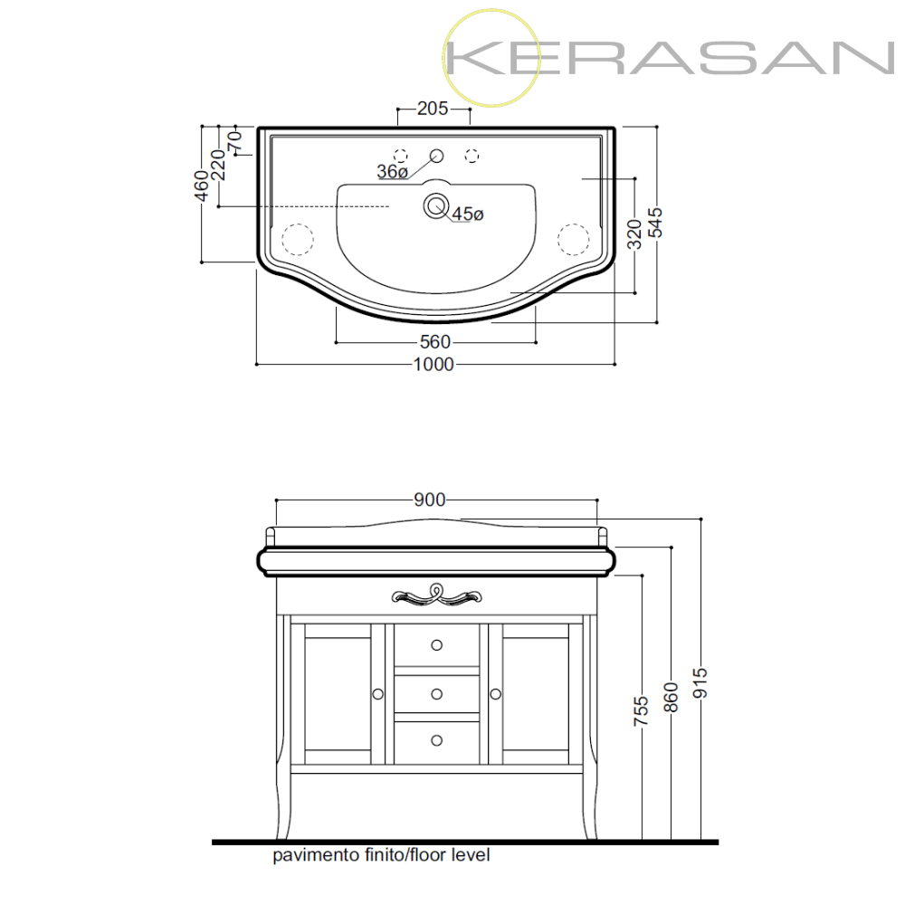 Тумба с раковиной Kerasan Retro 100 3 отверстия под смеситель, белая матовая для ванной в интернет-магазине Sanbest