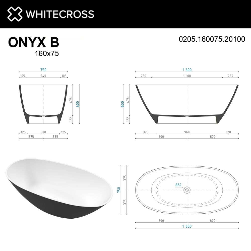 Ванна из искусственного камня WhiteCross Onyx B 160x75 черный/белый матовый купить в интернет-магазине Sanbest