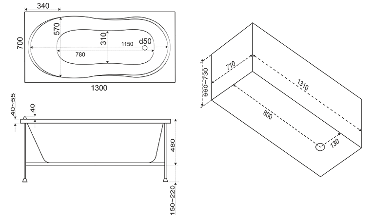 Ванна акриловая BAS Лима 130x70 без каркаса купить в интернет-магазине Sanbest