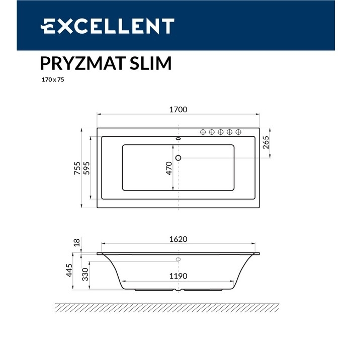 Ванна акриловая EXCELLENT Pryzmat Slim 170x75 NANO хром купить в интернет-магазине Sanbest