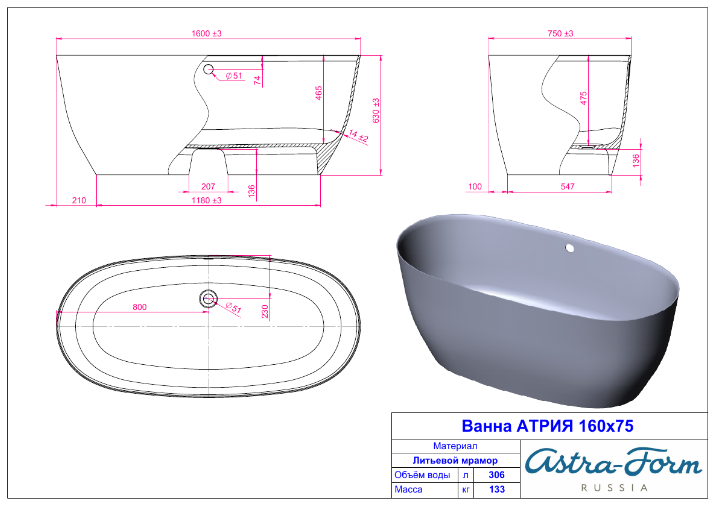 Ванна Astra-Form Атрия 170х75 базовые цвета купить в интернет-магазине Sanbest