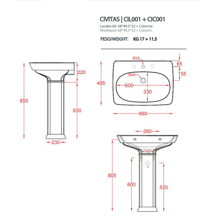 Раковина с пьедесталом Artceram CIVITAS CIL001/CIC001 68 серая купить в интернет-магазине Sanbest