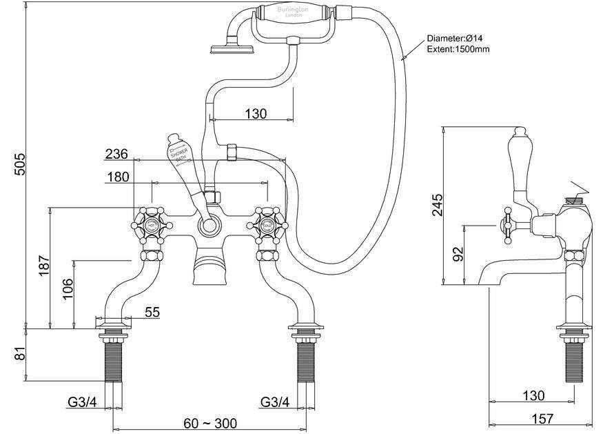 Смеситель для ванны Burlington BI15-QT хром/ручки белые купить в интернет-магазине сантехники Sanbest