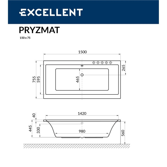 Ванна акриловая EXCELLENT Pryzmat 150x75 SMART хром купить в интернет-магазине Sanbest