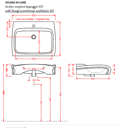 Раковина Artceram HI-LINE 60х50 HIL002 01 00 купить в интернет-магазине Sanbest