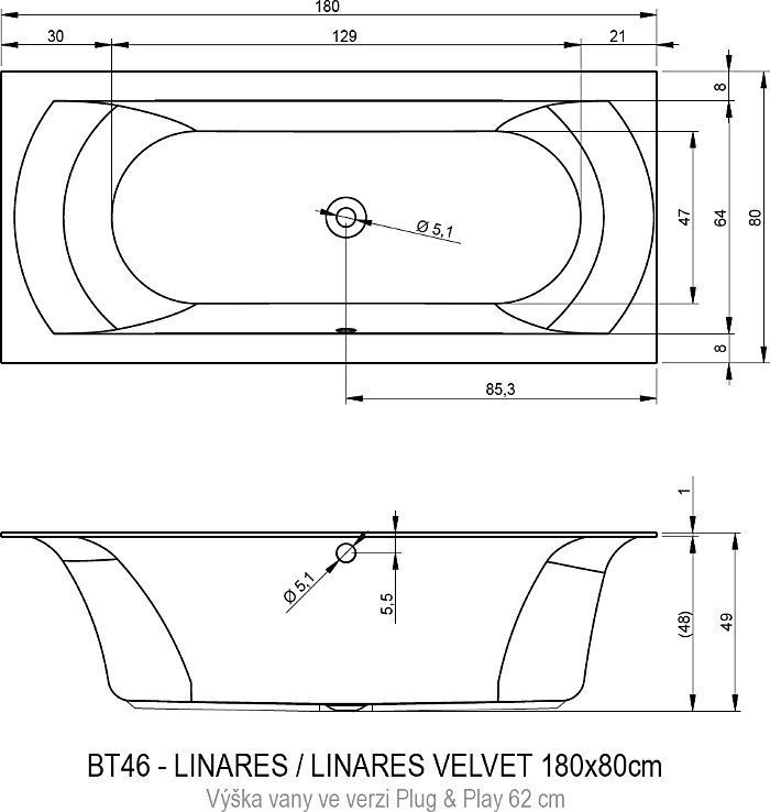 Ванна акриловая Riho LINARES 180x80 PLUG & PLAY купить в интернет-магазине Sanbest