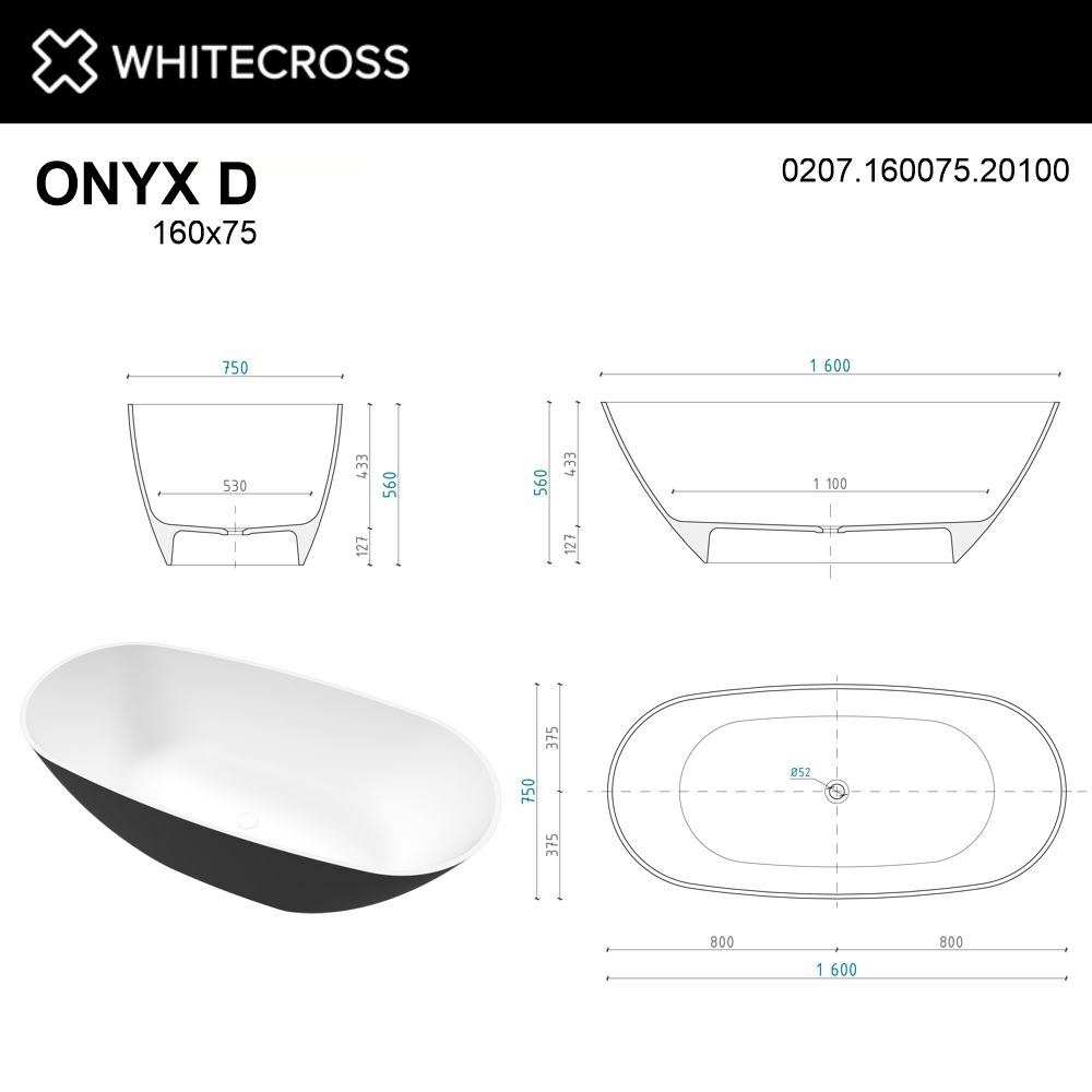 Ванна из искусственного камня WhiteCross Onyx D 160x75 черный/белый матовый купить в интернет-магазине Sanbest