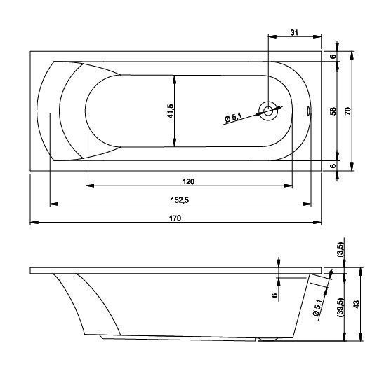 Ванна акриловая Riho Miami 170x70 купить в интернет-магазине Sanbest