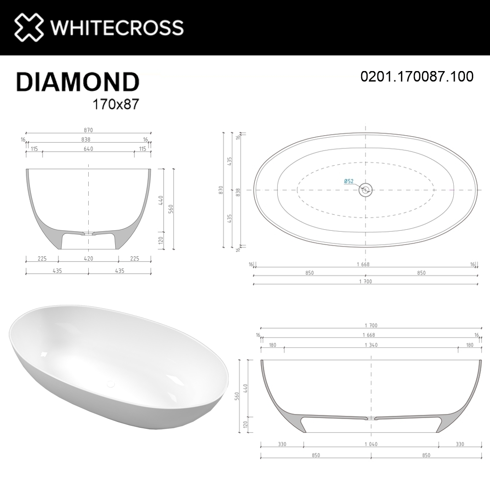 Ванна из искусственного камня WhiteCross DIAMOND 170x87 белая глянцевая купить в интернет-магазине Sanbest