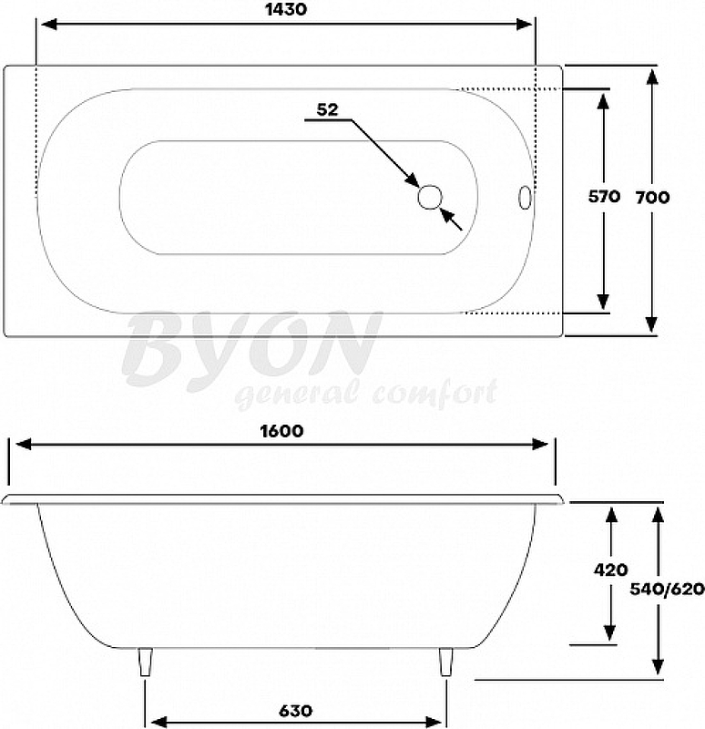 Ванна чугунная BYON B13 160x70 купить в интернет-магазине Sanbest