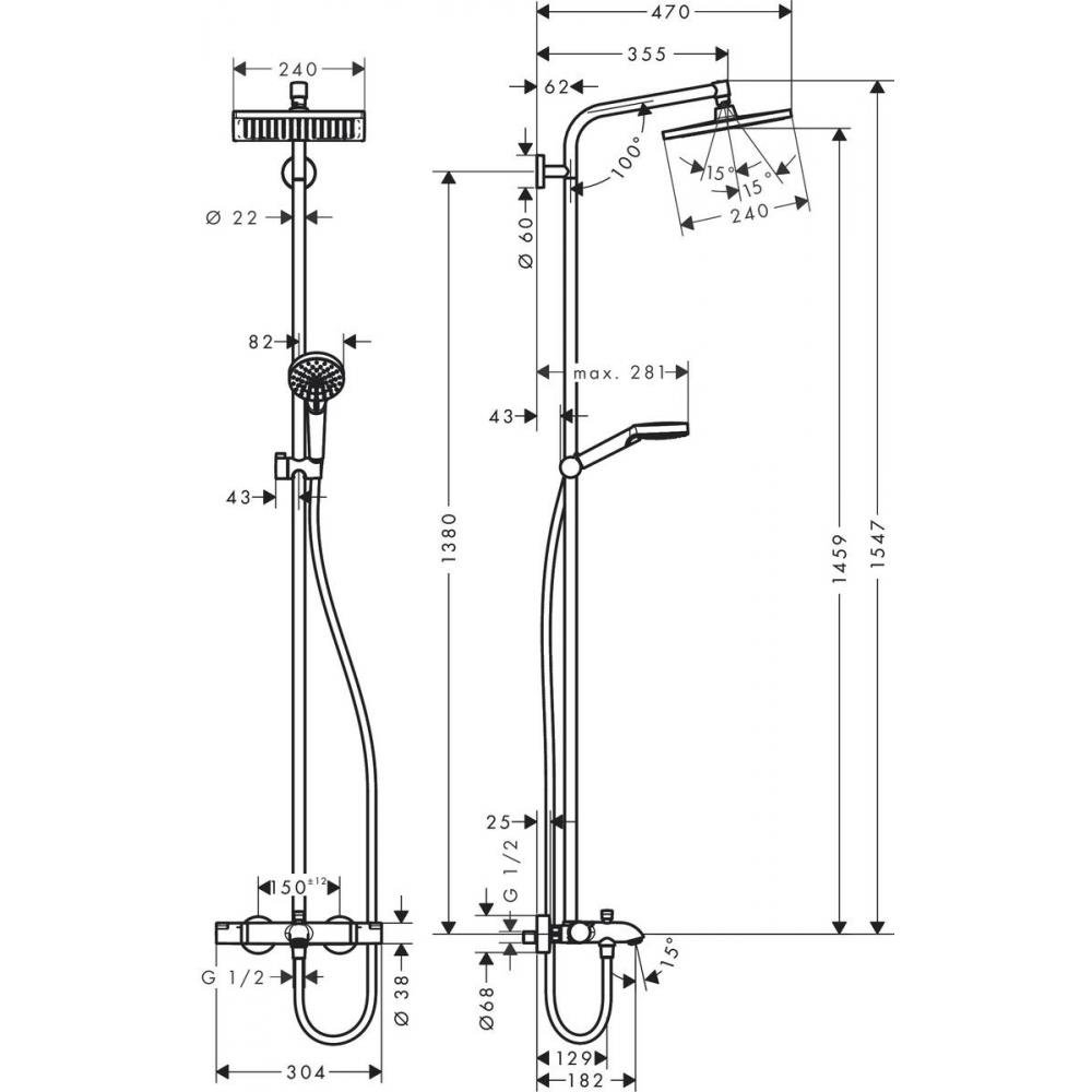 Душевая система Hansgrohe Crometta E Showerpipe 240 1jet 27298000 купить в интернет-магазине сантехники Sanbest