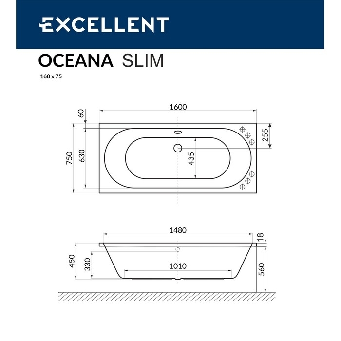 Ванна акриловая EXCELLENT Oceana Slim 160x75 NANO хром купить в интернет-магазине Sanbest