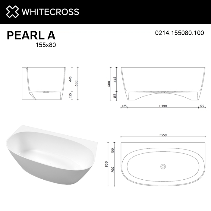 Ванна из искусственного камня WhiteCross PEARL 155x80 белая глянцевая купить в интернет-магазине Sanbest