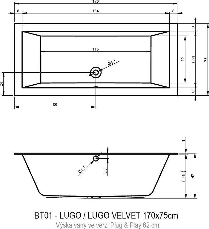 Ванна акриловая Riho LUGO 170x75 PLUG & PLAY купить в интернет-магазине Sanbest