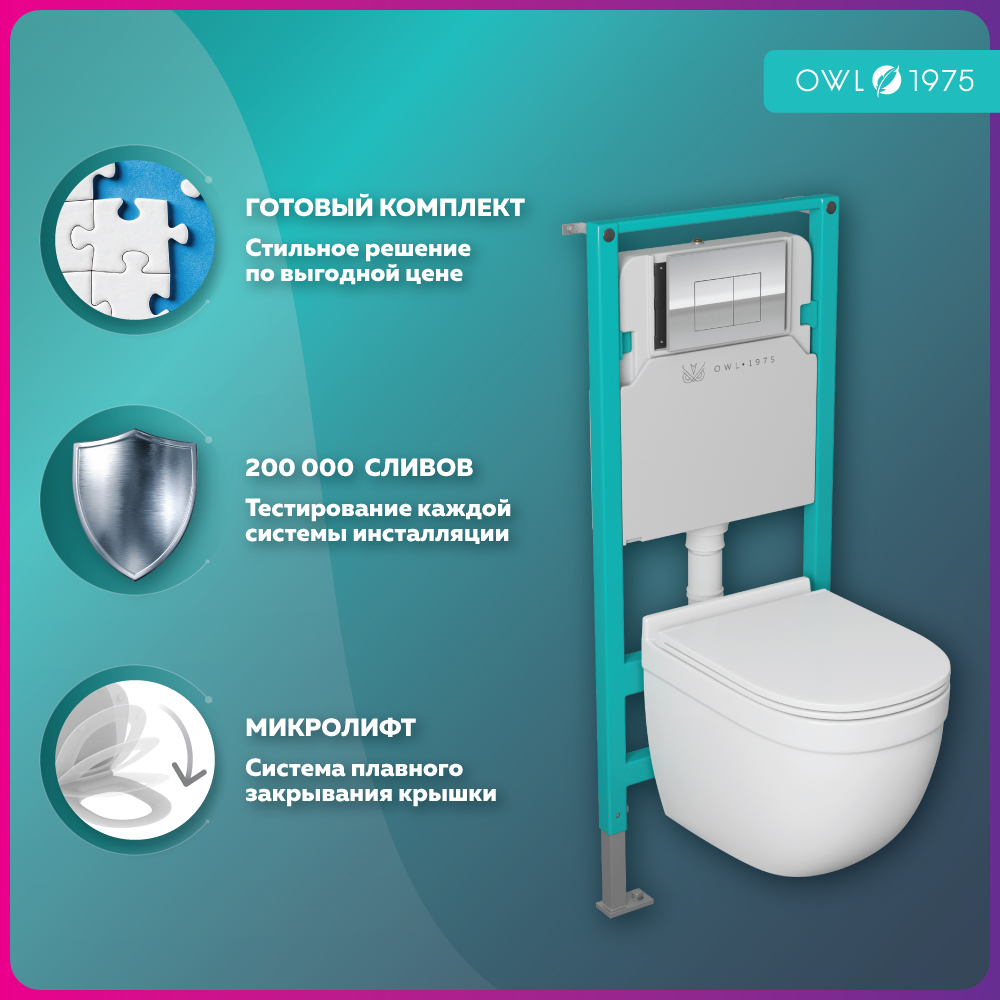 Унитаз с инсталляцией OWL 1975 Eld Cirkel-H OWLINSTNI.TOWLT190101 с кнопкой Nikel хром купить в интернет-магазине Sanbest