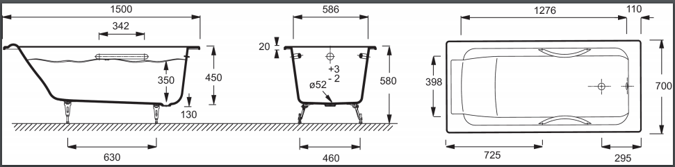 Ванна чугунная Jacob Delafon PARALLEL 150x70 купить в интернет-магазине Sanbest