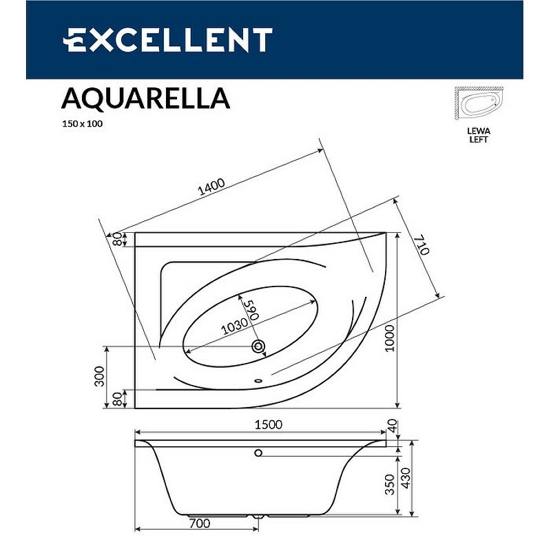 Гидромассажная ванна Excellent Aquarella NANO 150х100 форсунки золото купить в интернет-магазине Sanbest