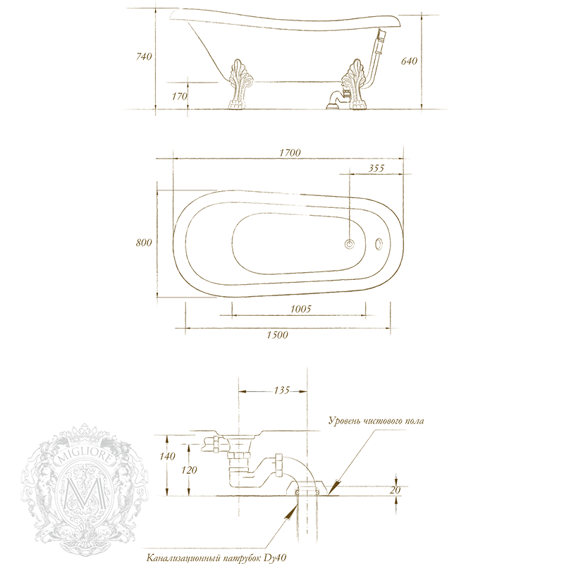 Ванна Migliore Bella DECOR на лапах MIGLIORE 25128 170х80 белая/золото купить в интернет-магазине Sanbest