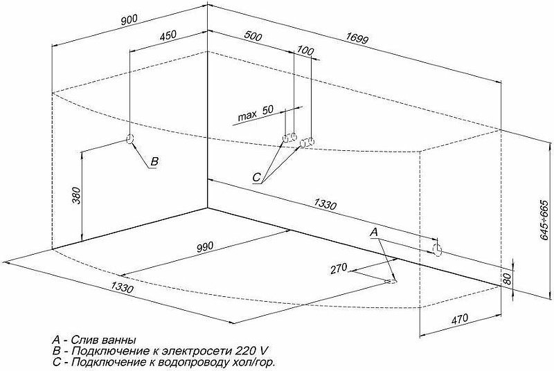 Ванна Aquanet Sofia 170x90 205391 с к/с левая купить в интернет-магазине Sanbest