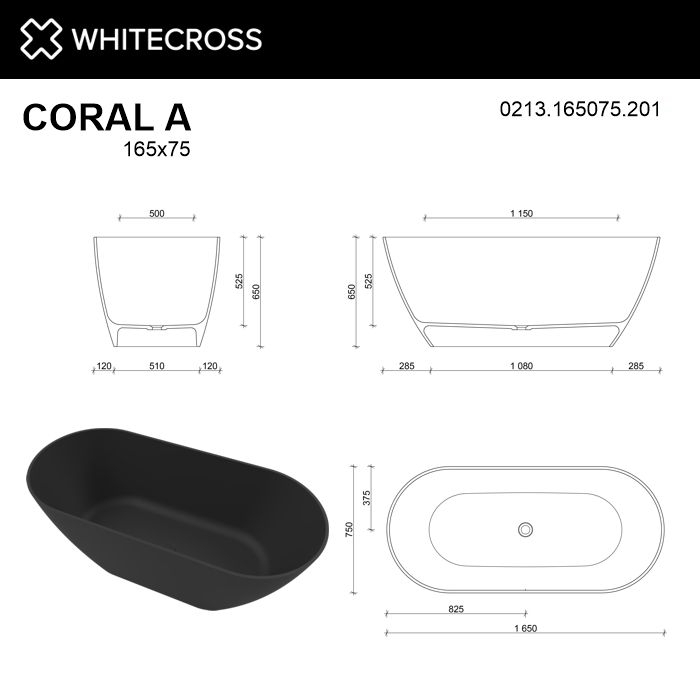 Ванна из искусственного камня WhiteCross Coral A 165x75 черный матовый купить в интернет-магазине Sanbest