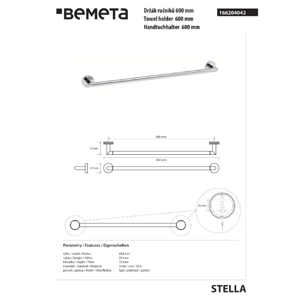 Полотенцедержатель Bemeta Stella 166204042 хром купить в интернет-магазине сантехники Sanbest