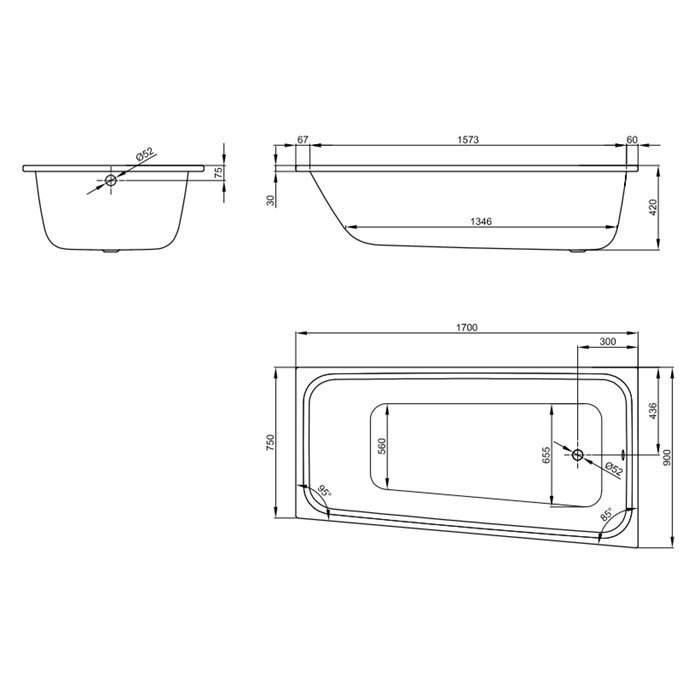 Ванна Bette Space M 1141-000 170x90 Белый купить в интернет-магазине Sanbest