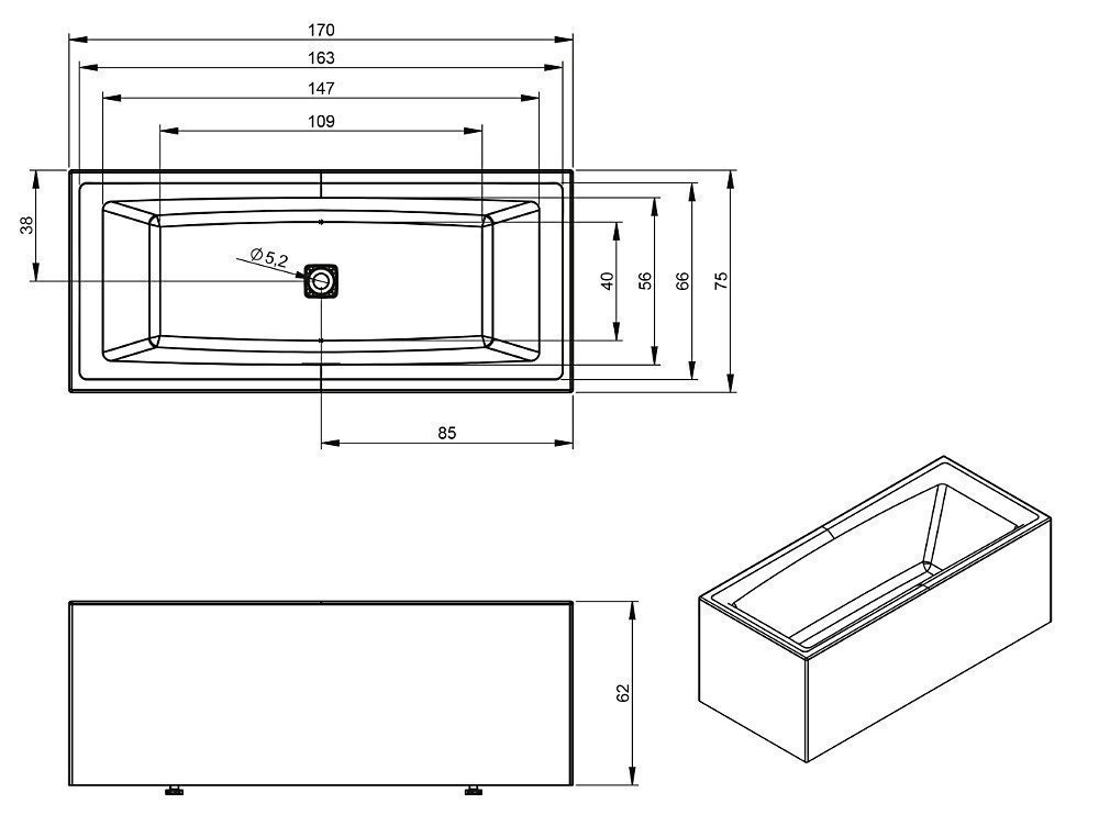 Ванна акриловая Riho Still Square Elite 170x75 купить в интернет-магазине Sanbest