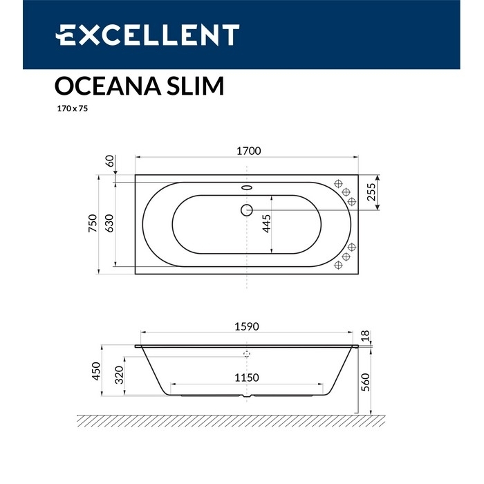 Ванна акриловая EXCELLENT Oceana Slim 170x75 RELAX хром купить в интернет-магазине Sanbest