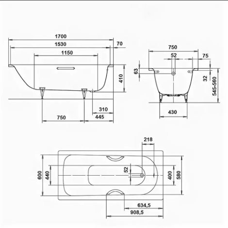 Стальная ванна Kaldewei Saniform Plus 373-1 170x75 Antislip Perl-Effekt купить в интернет-магазине Sanbest