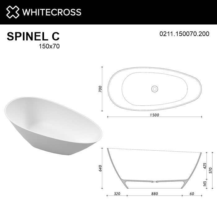 Ванна из искусственного камня WhiteCross Spinel C 150x70 белая матовая купить в интернет-магазине Sanbest