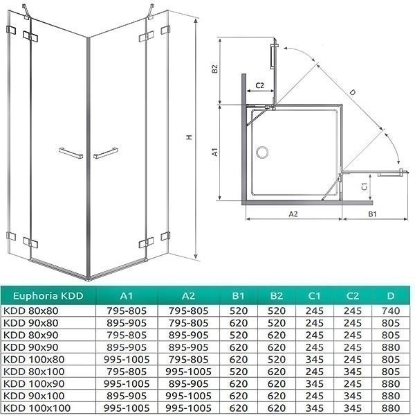 Душевой уголок Radaway Euphoria KDD 90x80 купить в интернет-магазине Sanbest