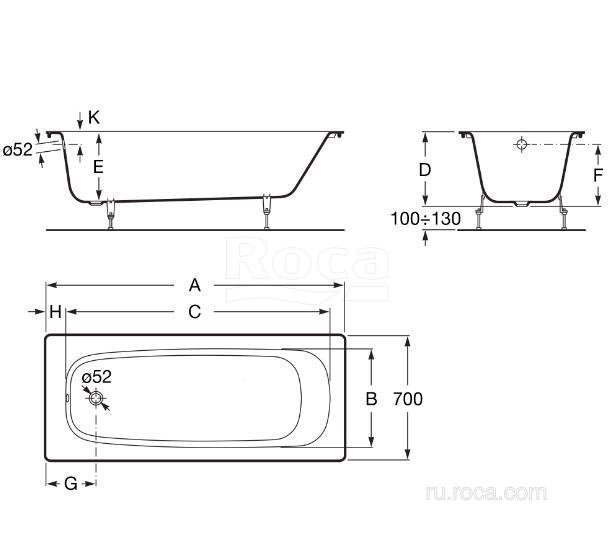 Ванна Roca Continental 211507001 100x70 купить в интернет-магазине Sanbest