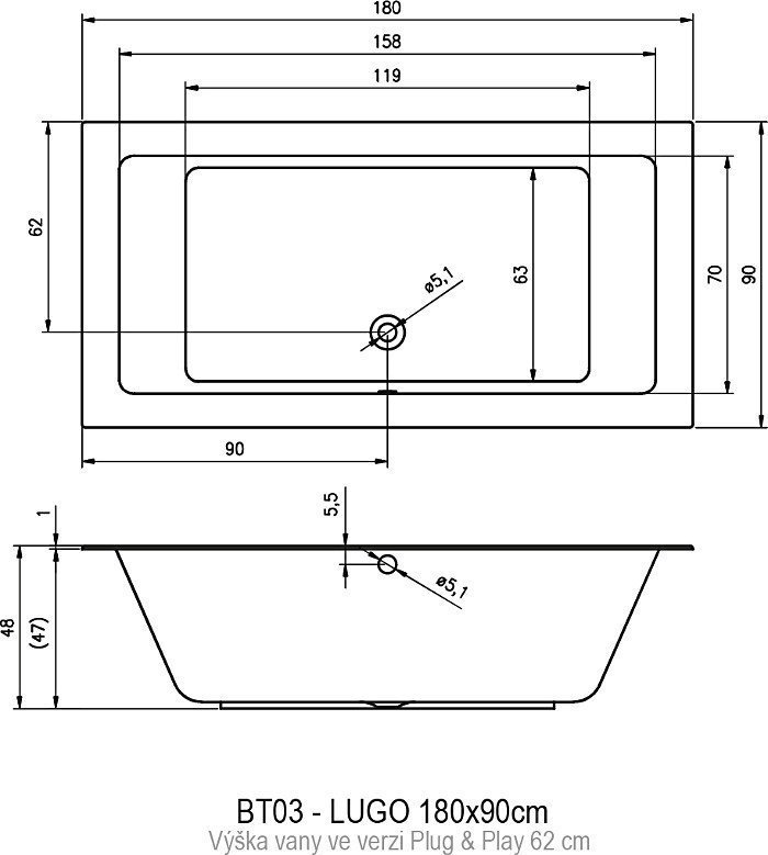 Ванна акриловая Riho LUGO 180x90 PLUG & PLAY купить в интернет-магазине Sanbest