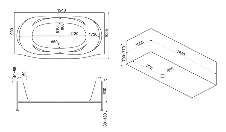 Ванна акриловая BAS Фиеста 194x100 купить в интернет-магазине Sanbest