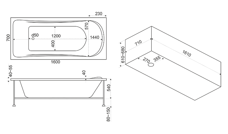 Ванна акриловая BAS Стайл 160x70 купить в интернет-магазине Sanbest