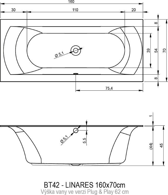 Ванна акриловая Riho LINARES 160x70 PLUG & PLAY купить в интернет-магазине Sanbest