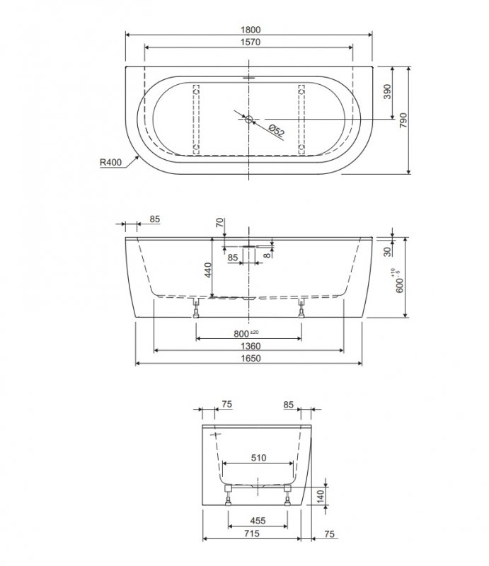 Ванна акриловая Cezares SLIM WALL-180-80-60-W37-SET купить в интернет-магазине Sanbest