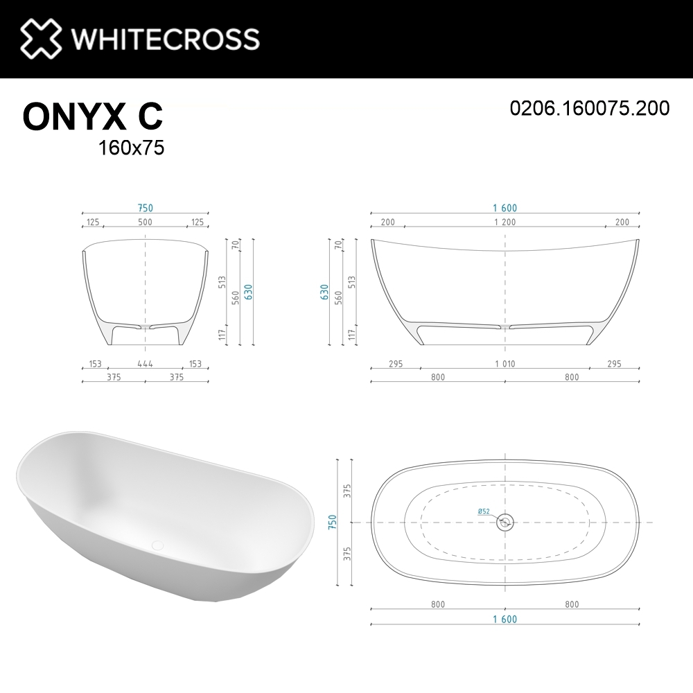 Ванна из искусственного камня WhiteCross ONYX C 160x75 белая матовая купить в интернет-магазине Sanbest