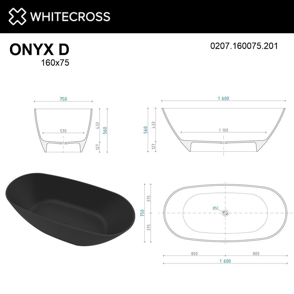 Ванна из искусственного камня WhiteCross Onyx D 160x75 черный матовый купить в интернет-магазине Sanbest