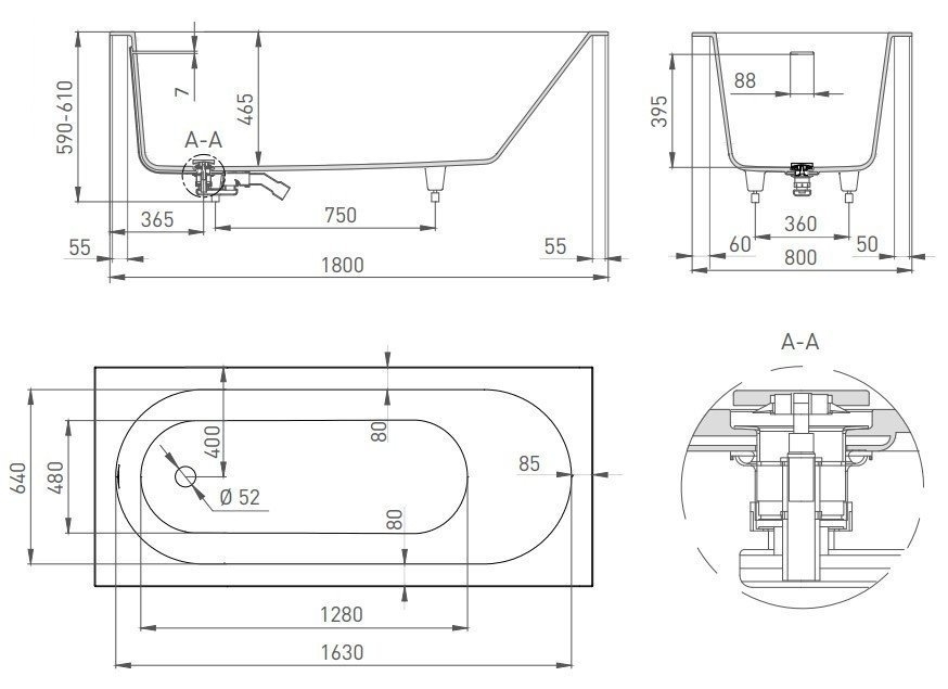 Ванна S-Stone Salini ORNELLA КIТ 102422M 180x80 Матовая купить в интернет-магазине Sanbest