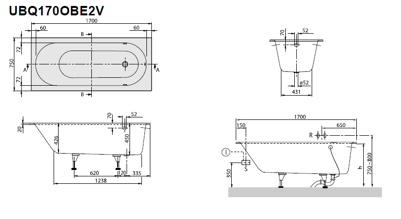 Ванна Villeroy&Boch Oberon UBQ170OBE2V-01 170x75 купить в интернет-магазине Sanbest