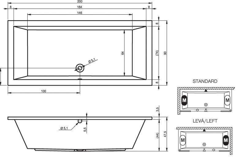 Ванна акриловая Riho Lusso 200x90 купить в интернет-магазине Sanbest