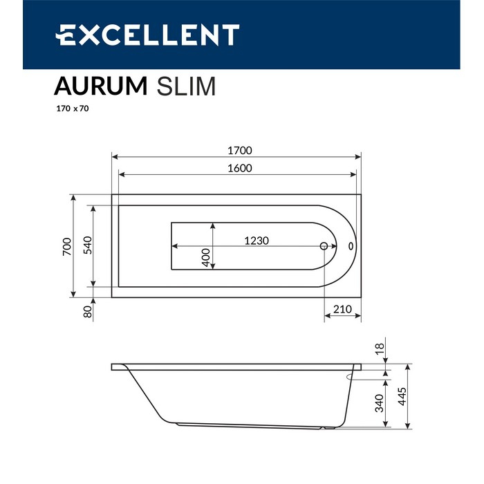 Гидромассажная ванна Excellent Aurum Slim HYDRO 170x70 форсунки хром купить в интернет-магазине Sanbest